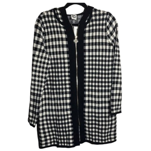 Anne Klein Houndstooth Cardigan Sweater Duster Full Zip Black Oatmeal‎ S - Picture 1 of 6